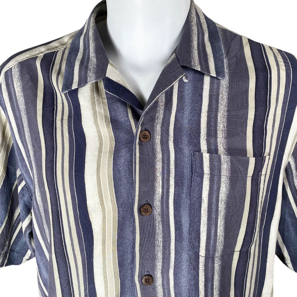 Tommy Bahama Shirt Large Silk Button Down Gray Tan Striped - Picture 3 of 7